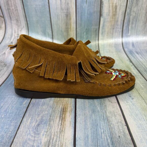 Minnetonka Brown Leather Moccasin Boots Thunderbird Beading Size 7 Vintage - Picture 5 of 10